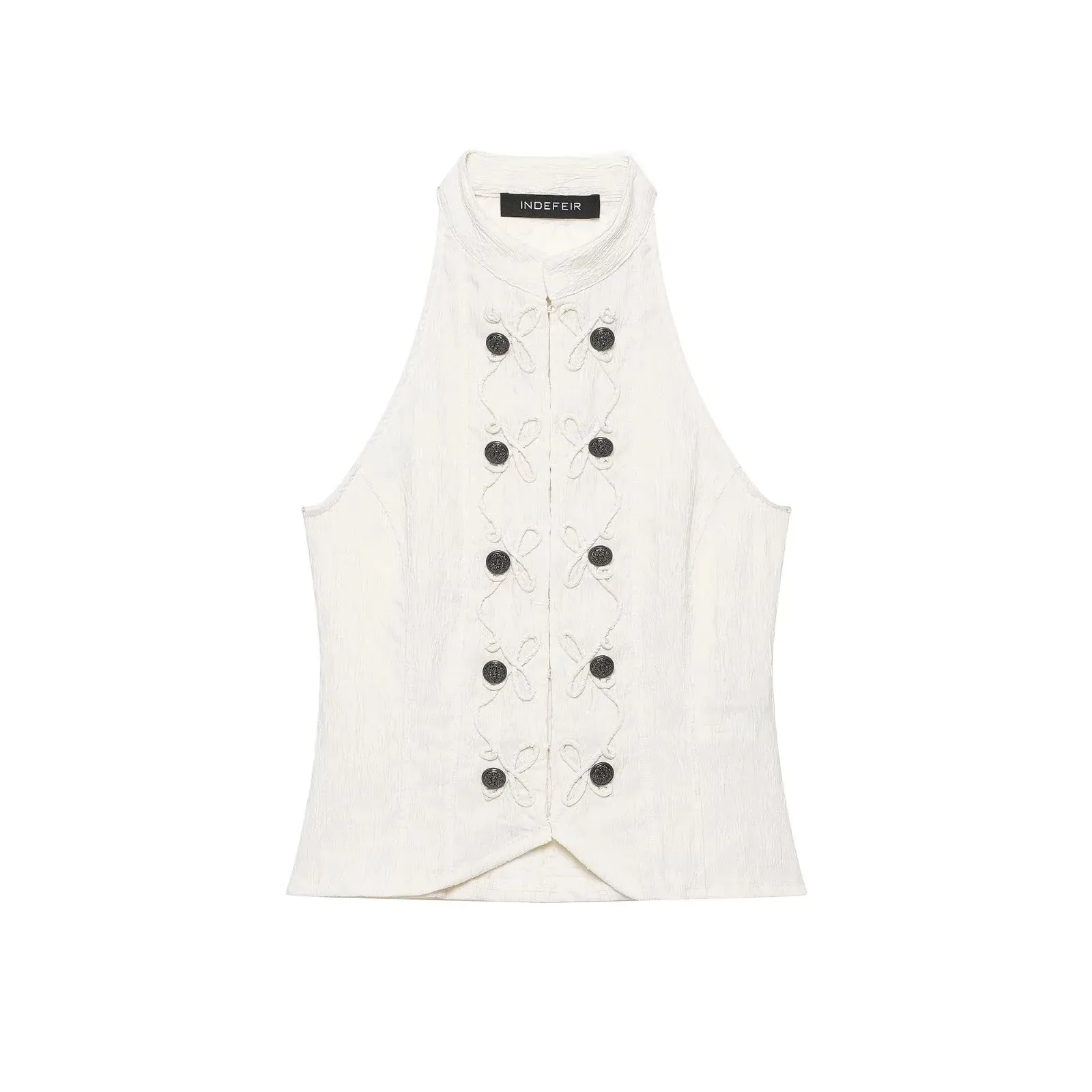 Women Vintage Halter Neck Sleeveless Vest Top Chinese Frog Button Double Breasted Tank Top French Chic Slim Party Crop Top