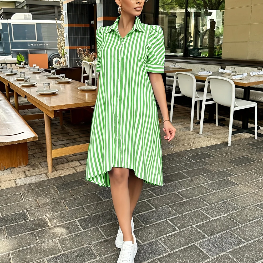 

Women's Dress Summer Short Sleeve Button Down Lapel Top Short Pocket Striped Print Fashion Loose Shirt Coat Party Evening Dress