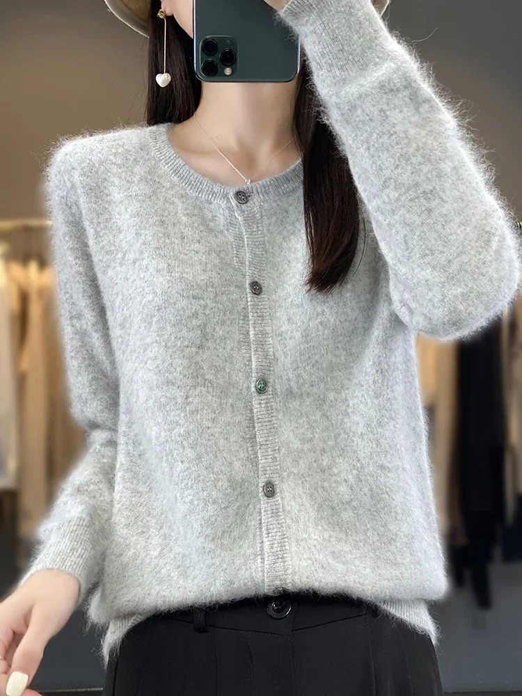 Aliselect Damski Kardigan Super Ciepły Sweter z Czystego Kaszmiru Norkowego z Dekoltem O-neck Luźna Odzież Damska Jednolite Kolory Dzianinowe Bluzki — 2