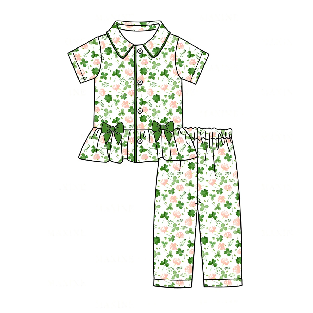 New Boutique children's set St. Parker's Day four-leaf clover flower printed lapel short-sleeved bow lace trousers girls set