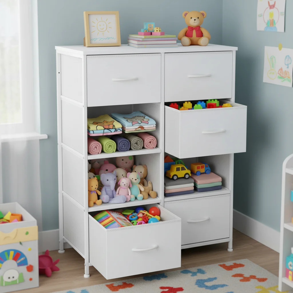 

8-Drawer Fabric Storage Dresser, Rustic Wood Style White Tall Wide Chest for Bedroom Nursery Dorm