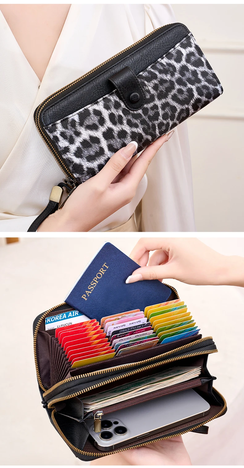Stilvolle Damen-Langbörse mit Doppelreißverschlüssen, großer Kapazität, Akkordeon-Kartenhalter, Clutch, Retro-PU-Leder-Münzbörse, Unisex – Detail 12