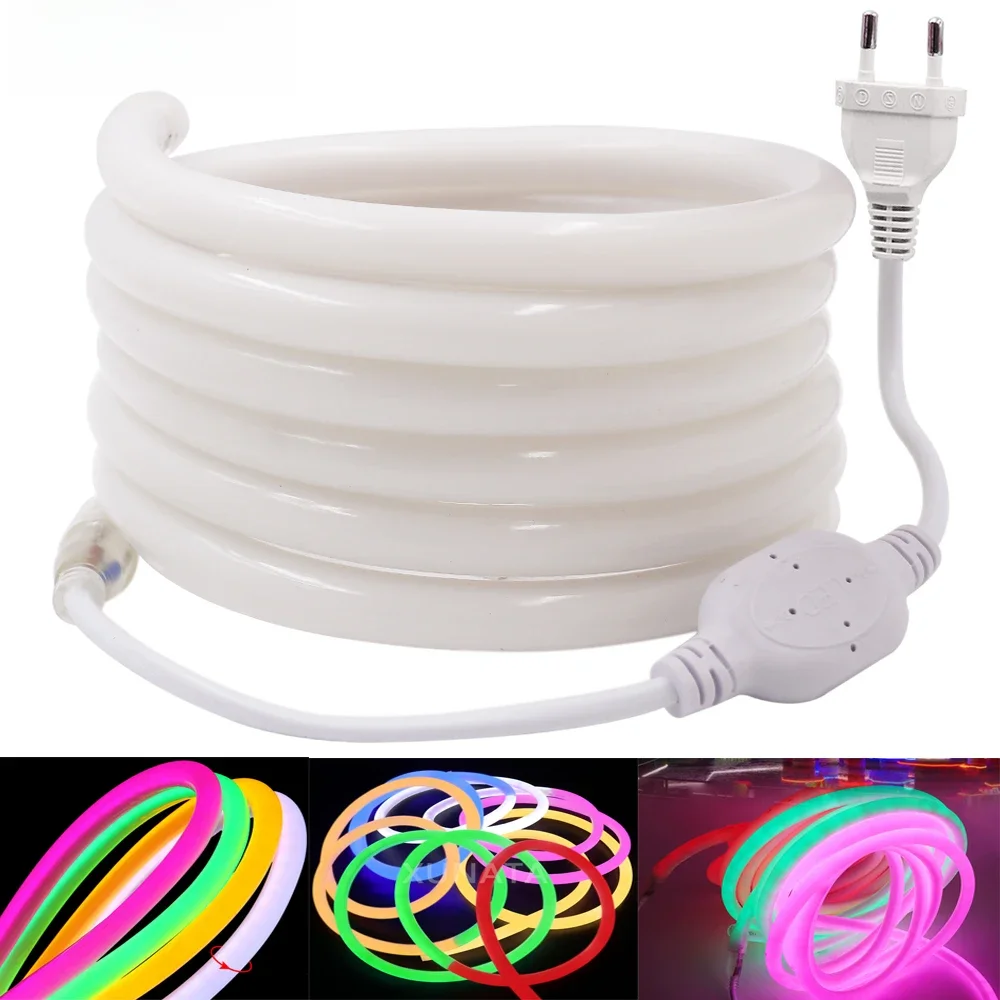 Taśma LED 220V 230V 240V Elastyczna okrągła rurka Neonowa taśma LED SMD2835 120LEDs/M 14MM Wodoodporna lina LED Neon Sign Rope EU Plug — zdjęcie 2