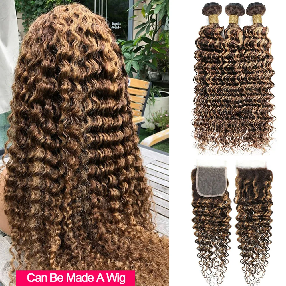 30 Inch Highlight Deep Wave Bundles with Closure Brown Human Hair Bundles with Closure Ombre Honey Blonde Bundles with Closure