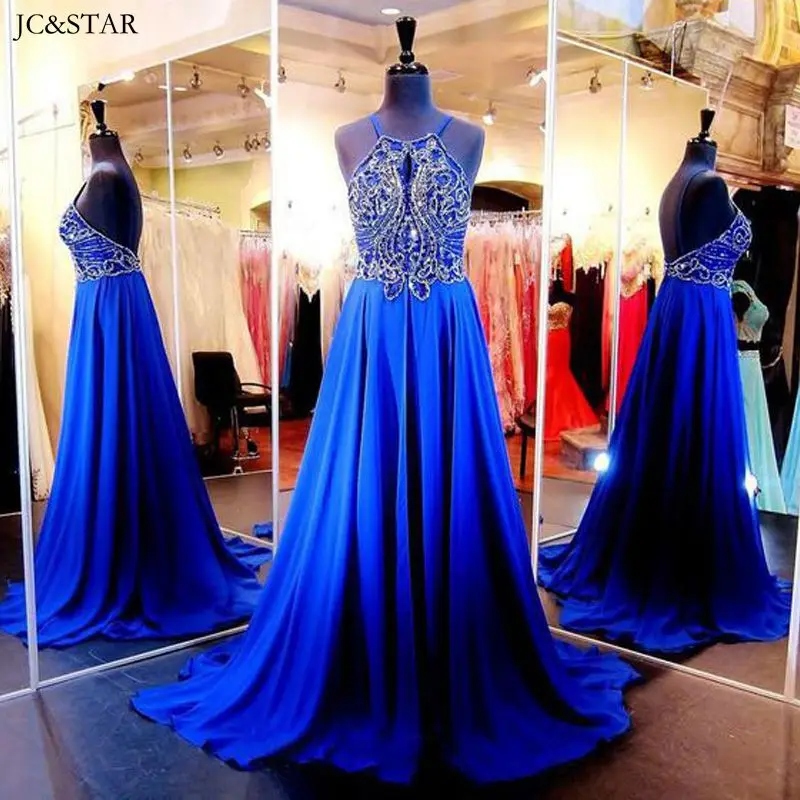 Royal Blue Evening Dresses Long Luxury Woman Chiffon Crystal Scoop Neck Halter Sexy Prom Party Gowns Formal Vestido De Gala New