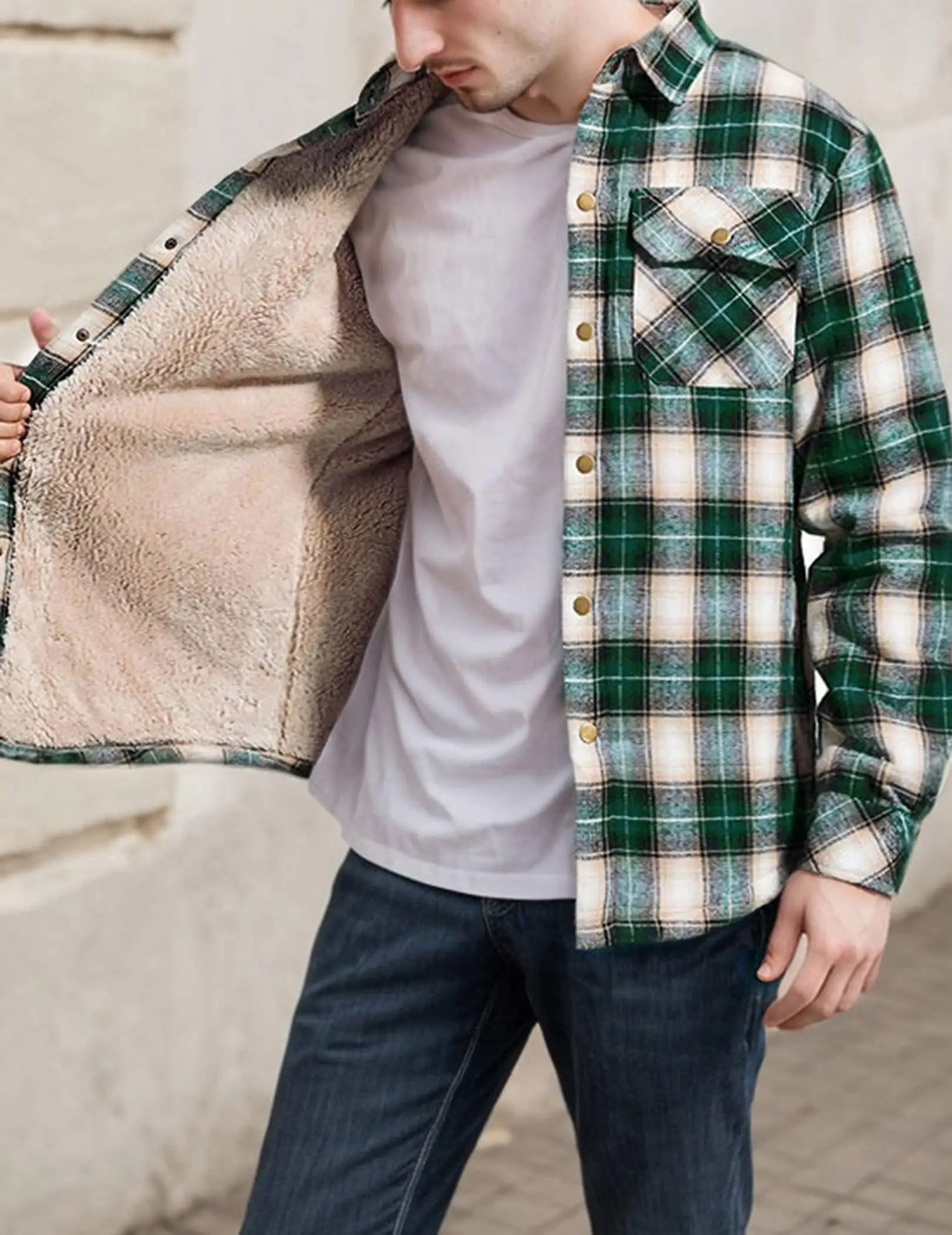 

Men's Sherpa Lined Pocket Check Button Jacket