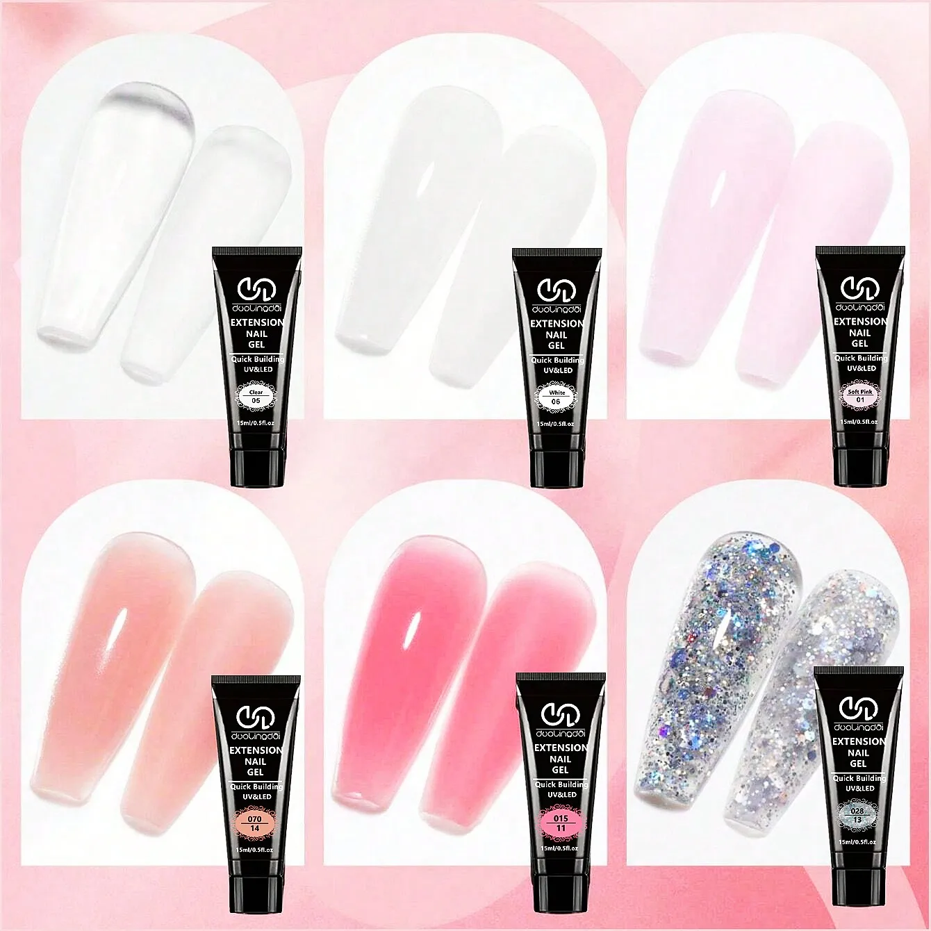 6 Colors Poly Extension Gel Nail Kit Nude Pink Brown ,Soak Off UV Gel Manicure Nail Salon Set,Builder Nail Extender Gel Kit