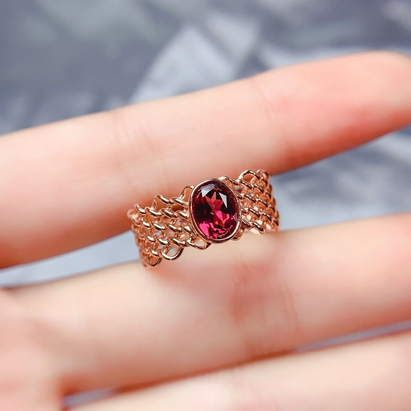 KJJEAXCMY Girls' Pure Natural 5x7mm Open Magnesium Aluminum Garnet Ring 925 Pure Silver Plated 18K Rose Gold Christmas Gift