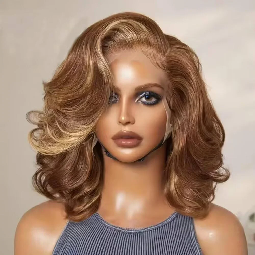 

Color #4/27 Highlight Loose Curly Short Bob Human Hair Wigs 230% Density Ombre Honey Blonde Bouncy Loose Wave Bob Wig Human Hair