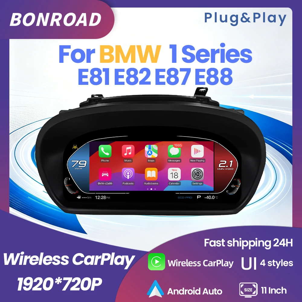 BONROAD 11" 1920*720P Pannello Cruscotto Digitale LCD con CarPlay Wireless per BMW Serie 1 E81 E82 E87 E88 2004-2013 Display di Navigazione e Tachimetro