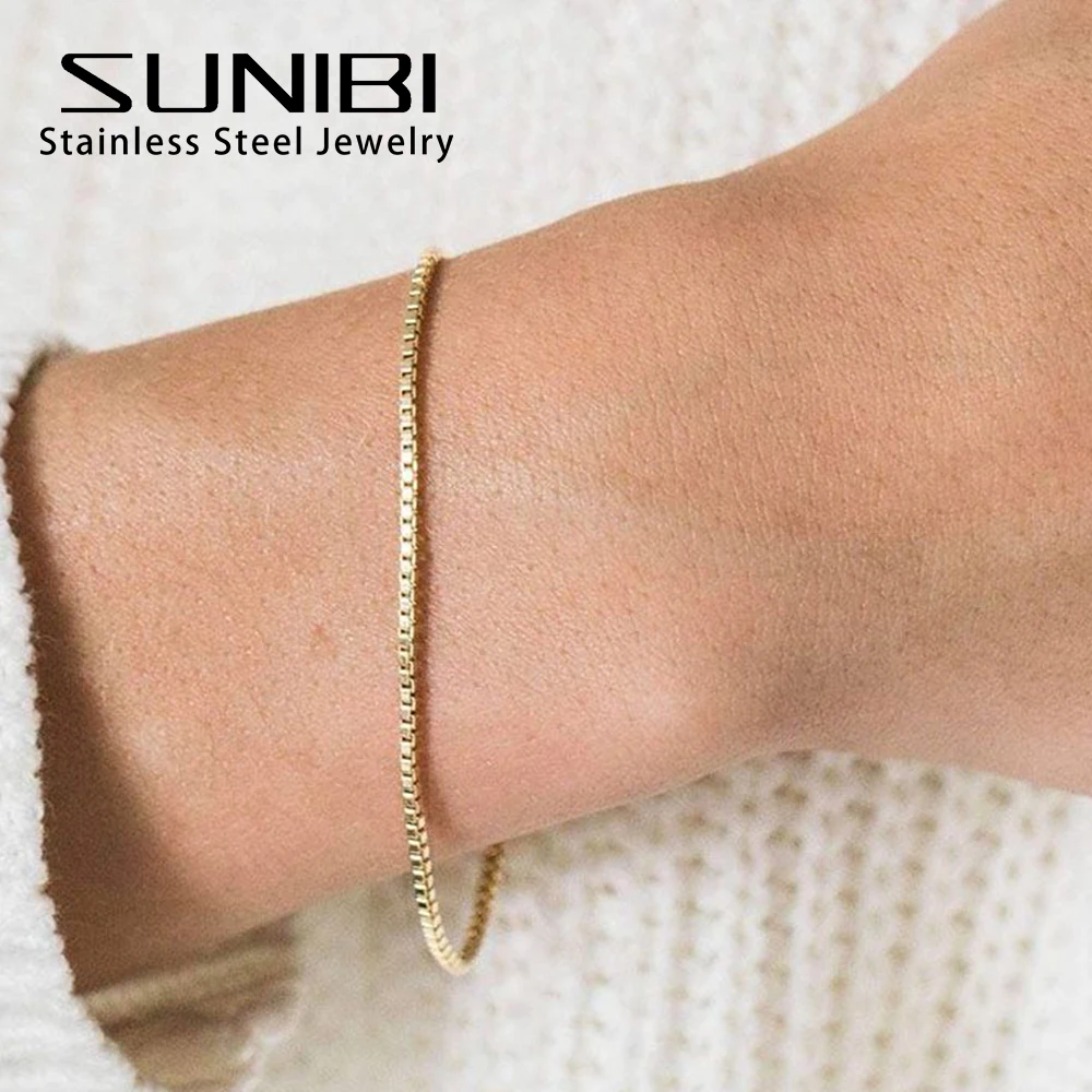 SUNIBI 2MM Simple boîte chaîne Bracelets pour femme plaqué or en acier inoxydable classique Bracelet minimalisme cadeaux bijoux en gros