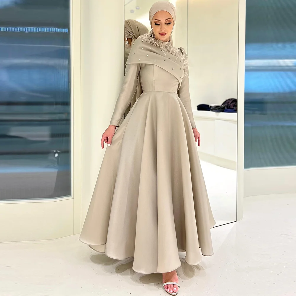 

15849# Arabic Long Sleeve Feathers Beaded Taffeta A-line Muslim Hijab Evening Dress Islamic Prom Gown For Women فساتين زفاف