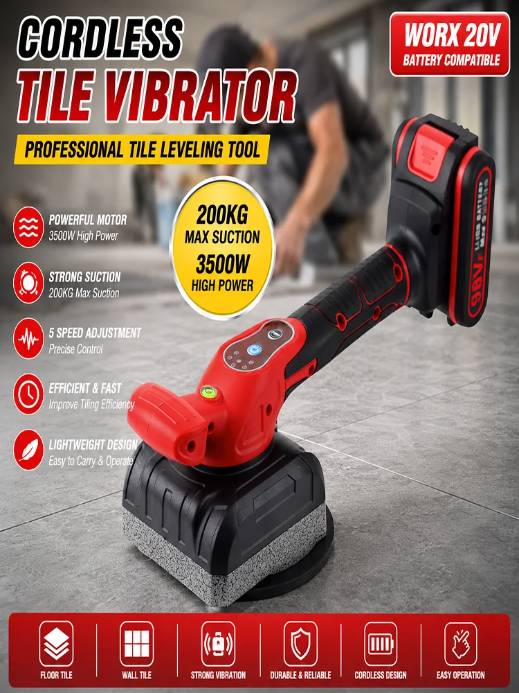 Bezprzewodowy wibrator do płytek 21V, 3500W, 72000RPM, 5-biegowy, siła ssania 200kg, narzędzie do układania płytek, 125mm przyssawka próżniowa z 2 bateriami — 2