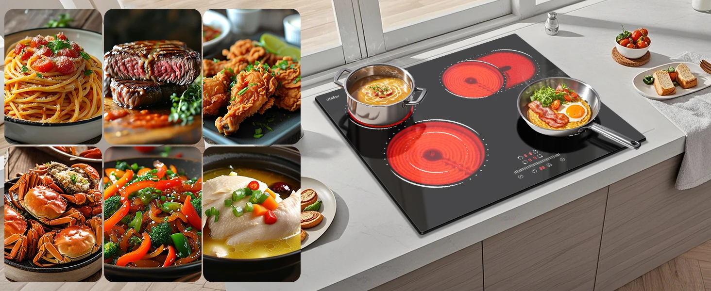 Kochfeld Plakette Vitrocéramique 4 Feux, Tisch de Cuisson électrique Encastrable 60 cm, 6600 W, Zone erweiterbar für gril – Detail 9