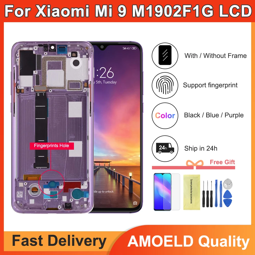 AMOLED For Xiaomi Mi 9 LCD Display Touch Screen Digitizer Assembly With Frame For Xiaomi Mi9 M1902F1G Screen Replacement