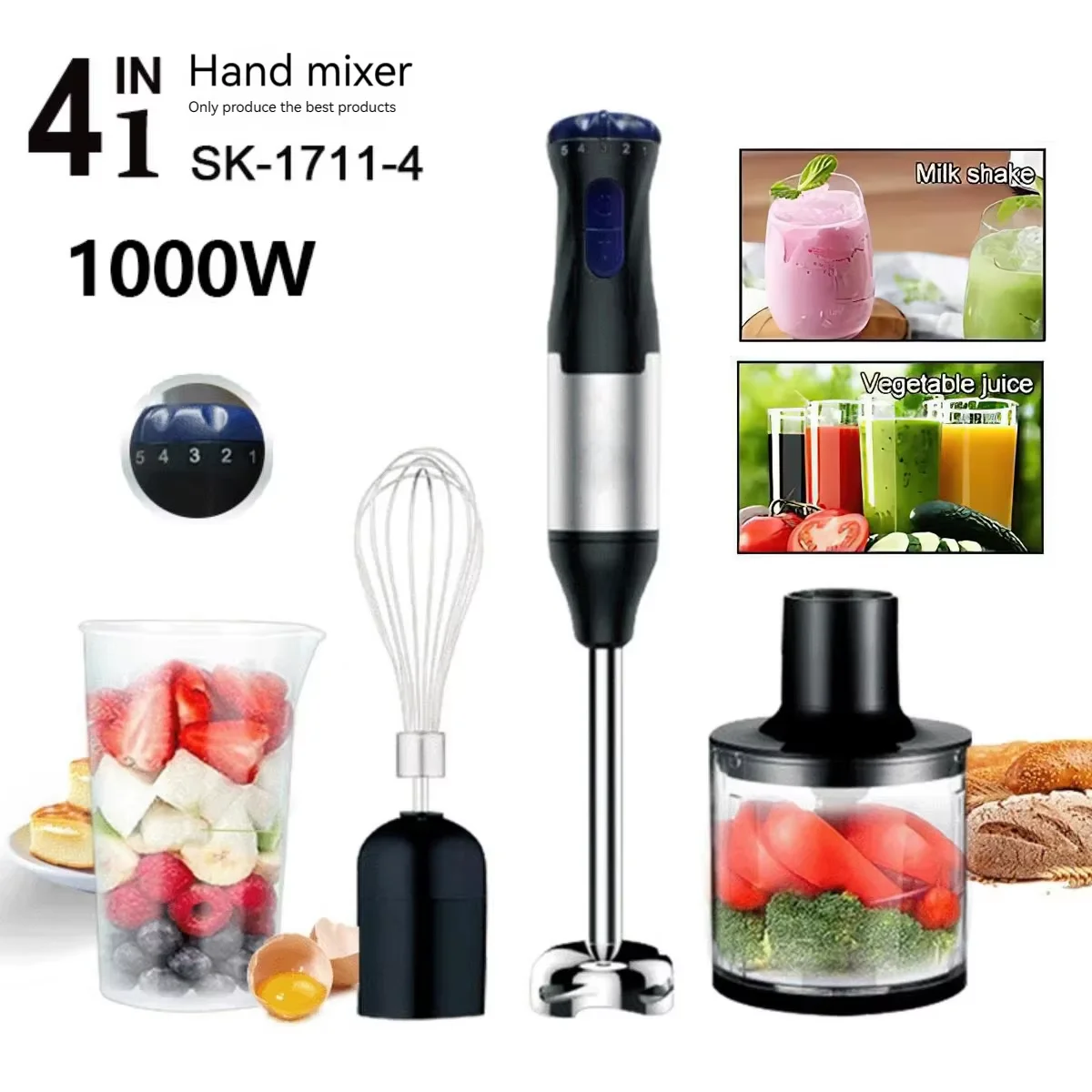 1000W Electric pack Hand Blender 4 in 1 handhold mixed Stainless Steel Blade vegtable Meat Immersion eg Whisk Juicer Set