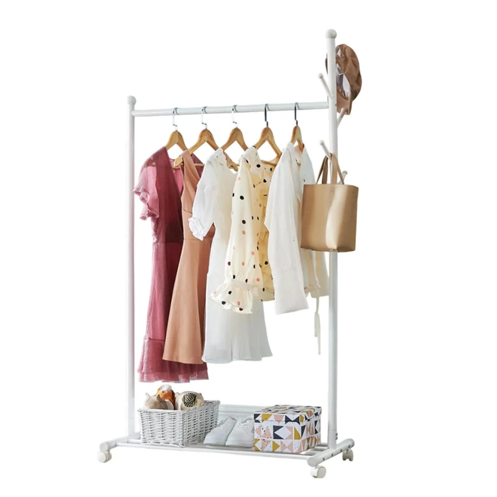 Porte-vêtements métallique sur roulettes, organisateur de vêtements autoportant avec étagère et crochets pour chapeaux, support de rangement portable et robuste pour chambre, couloir, blanc