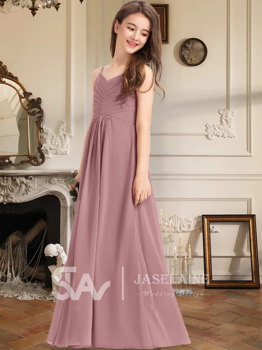 Een junior bruidsmeisjesjurk A-lijn V-hals Vloerlengte Chiffon Bloemenmeisjesjurk Meisjes Speciale gelegenheden Bruiloft Formele jurk