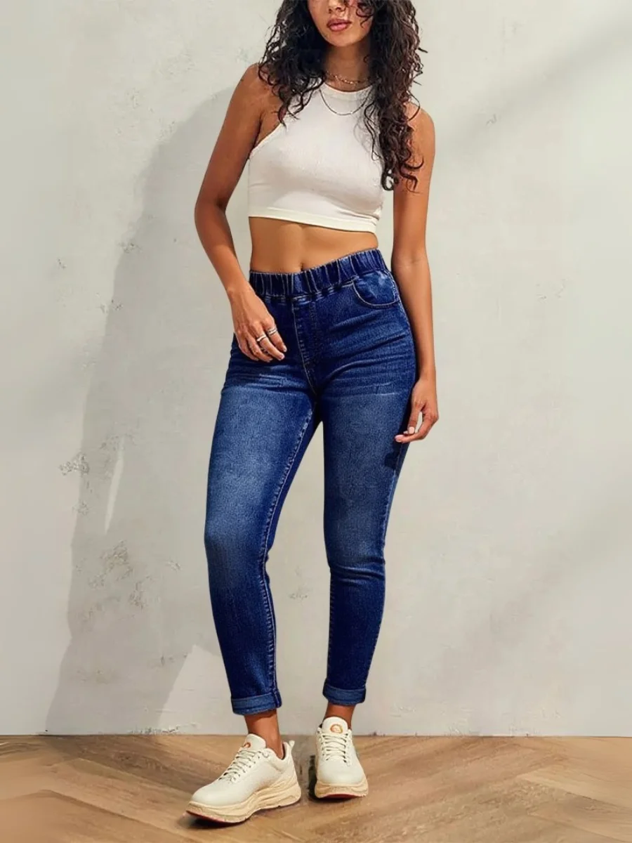 【HME】กางเกงยีนส์เดนิมขายาวหรูหราสำหรับผู้หญิง - ความยืดหยุ่นสูง สีทึบ ทอ ความยาวเต็ม กระชับพอดีพร้อมรายละเอียดปุ่ม