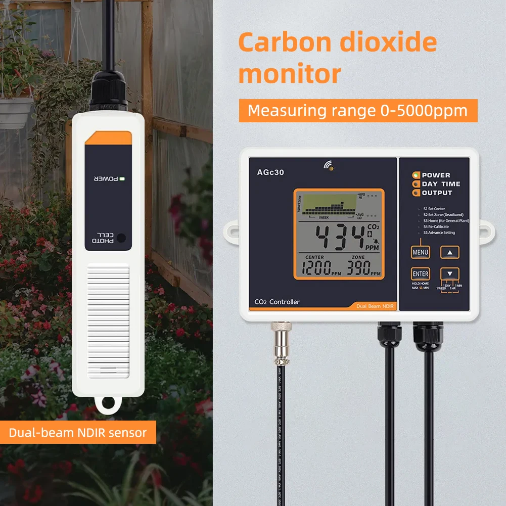CO2 Controller Monitor AGc30 With NDIR Sensor For Greenhouse Hydroponics Ventilation System 5000ppm LCD Display Timer Auto