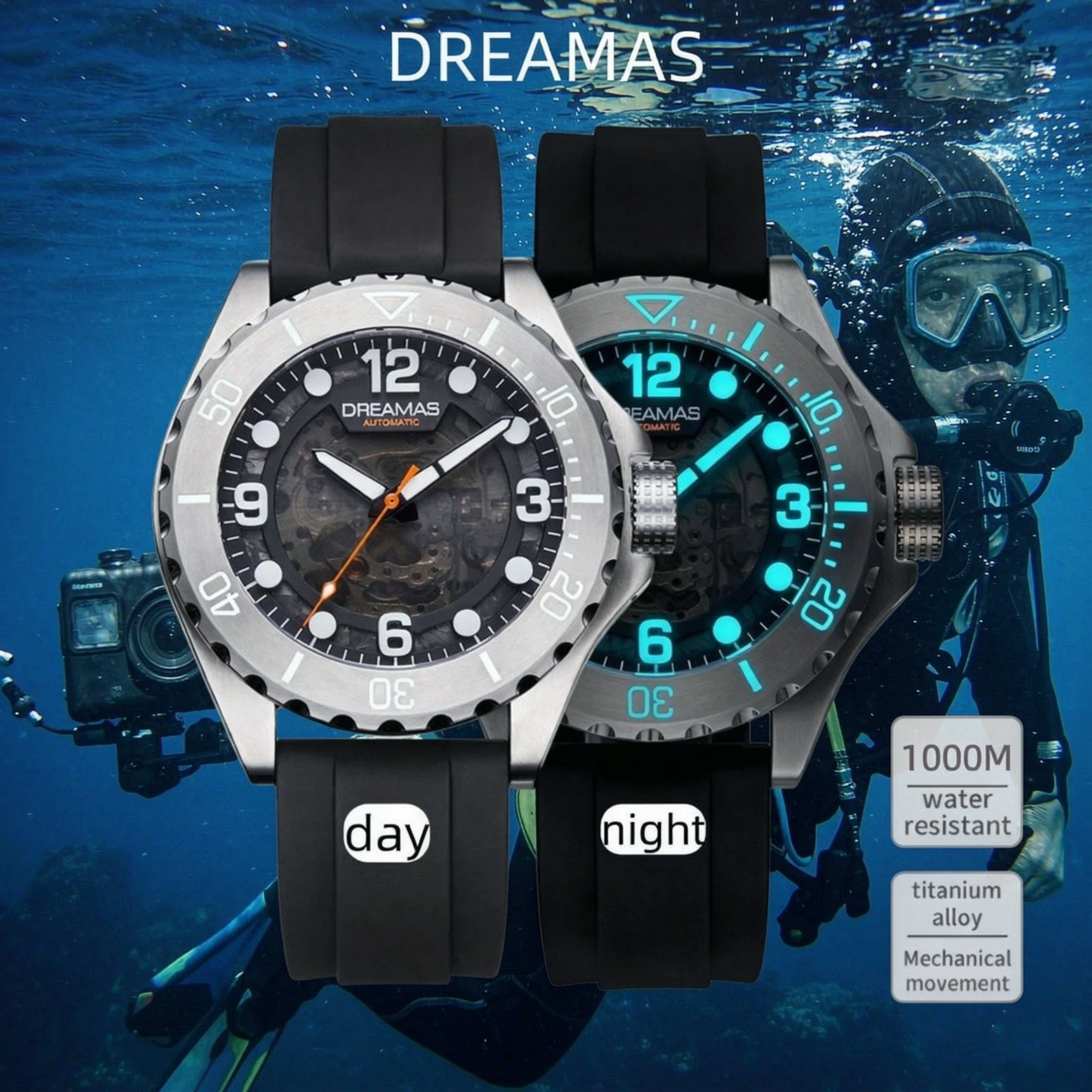 DREAMAS 1000M Diver Watch Titanium Alloy Case Japanese Movement Carbon Fiber Skeleton Dial 3D Luminous Diving Wristwatch