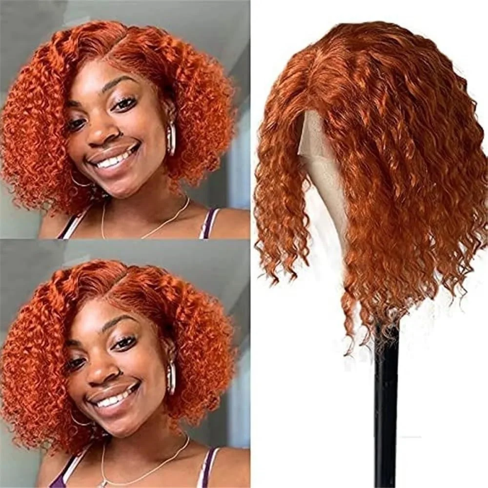 Ginger Orange 13x4 Transparent Lace Front Deep Wave Bob Wig Human Hair #350 Color 14inch Deep Wave Curly 200%density