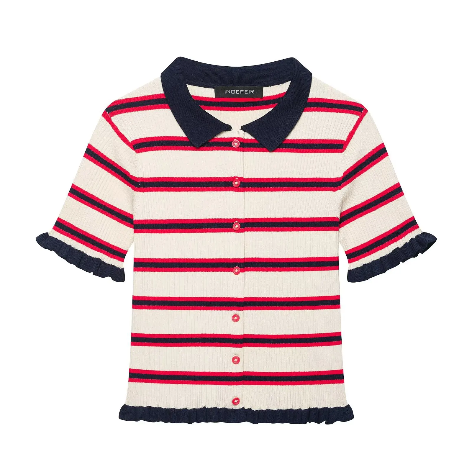 Women Striped Polo Collar Knitted Cardigan Short Sleeve Ruffle Trim Slim Fit Vintage Casual Preppy Crop Top Outerwear