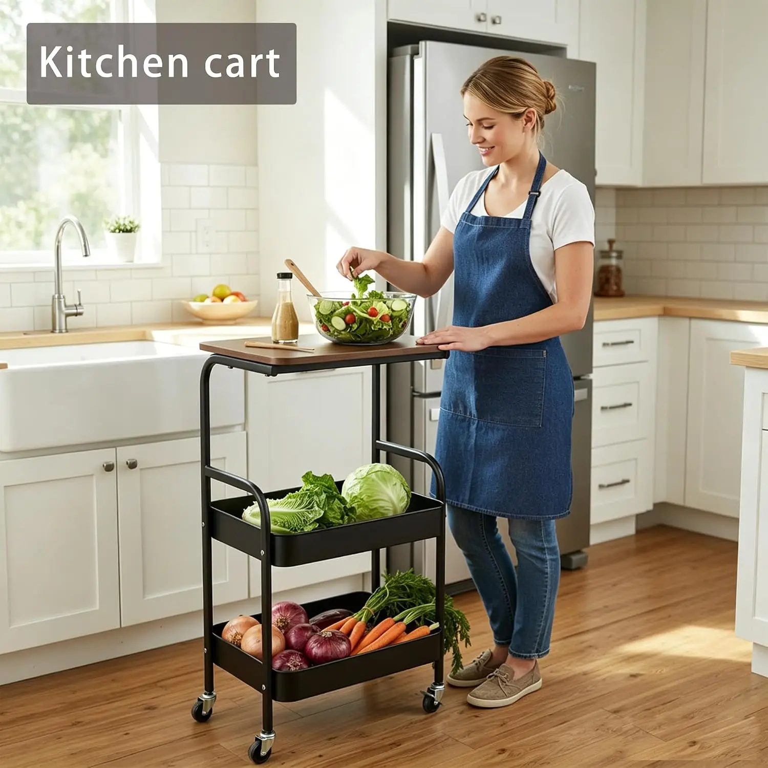 Rolling Kitchen Cart with Wooden Tabletop, 3 Tier Mobile Storage Trolley with Locking Casters, Multi-use Movable Prep Side Table, Metal Organizer Cart for Kitchen Vegetables, Seasonings and Cookware S image 5