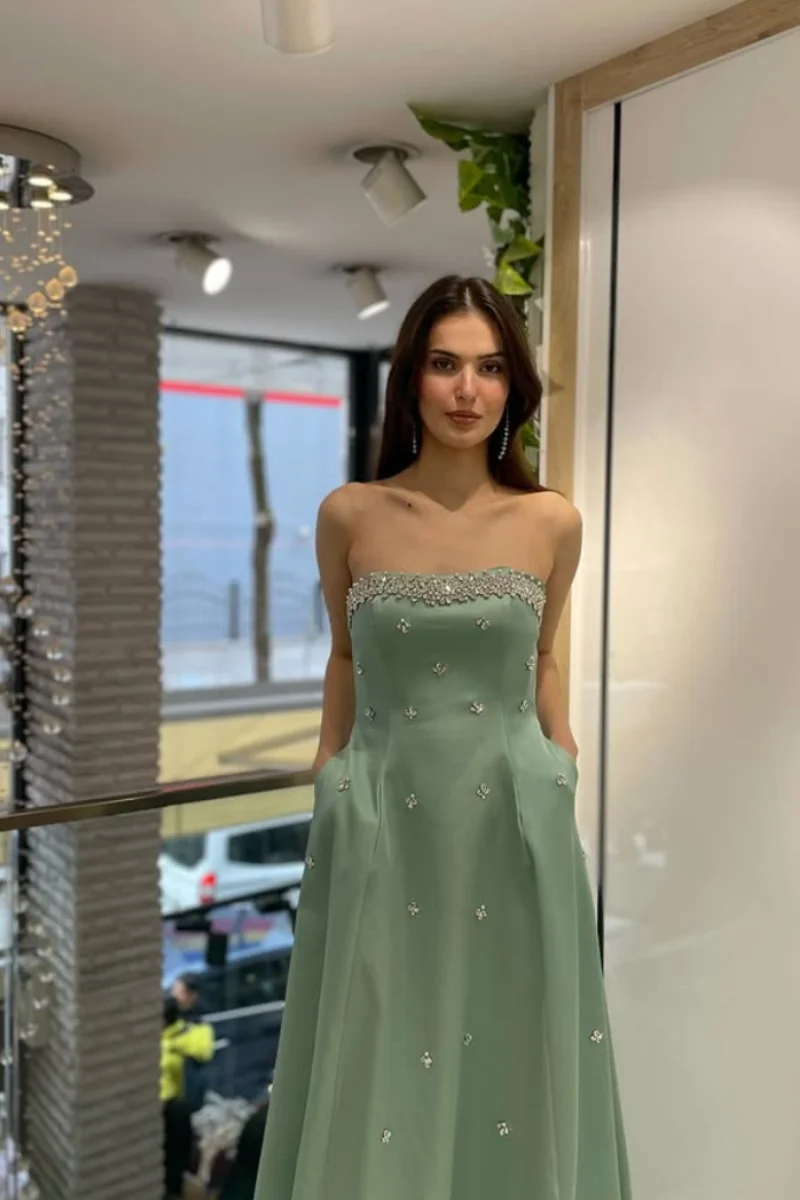 Jessica Glitter Handmade Beads Evening Dresses Green Satin Prom Dresses Off-shoulder A-line For Women Vestidos De Fiesta