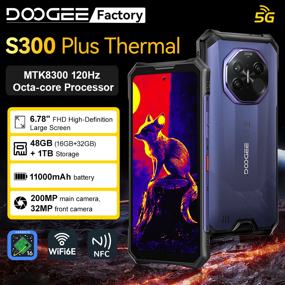DOOGEE S300 Plus Thermal Imaging 5G Rugged Phone 6.78” FHD+120Hz 48GB+1TB Dimensity 8300 Octa-core 11000mAh Smartphon Android 16