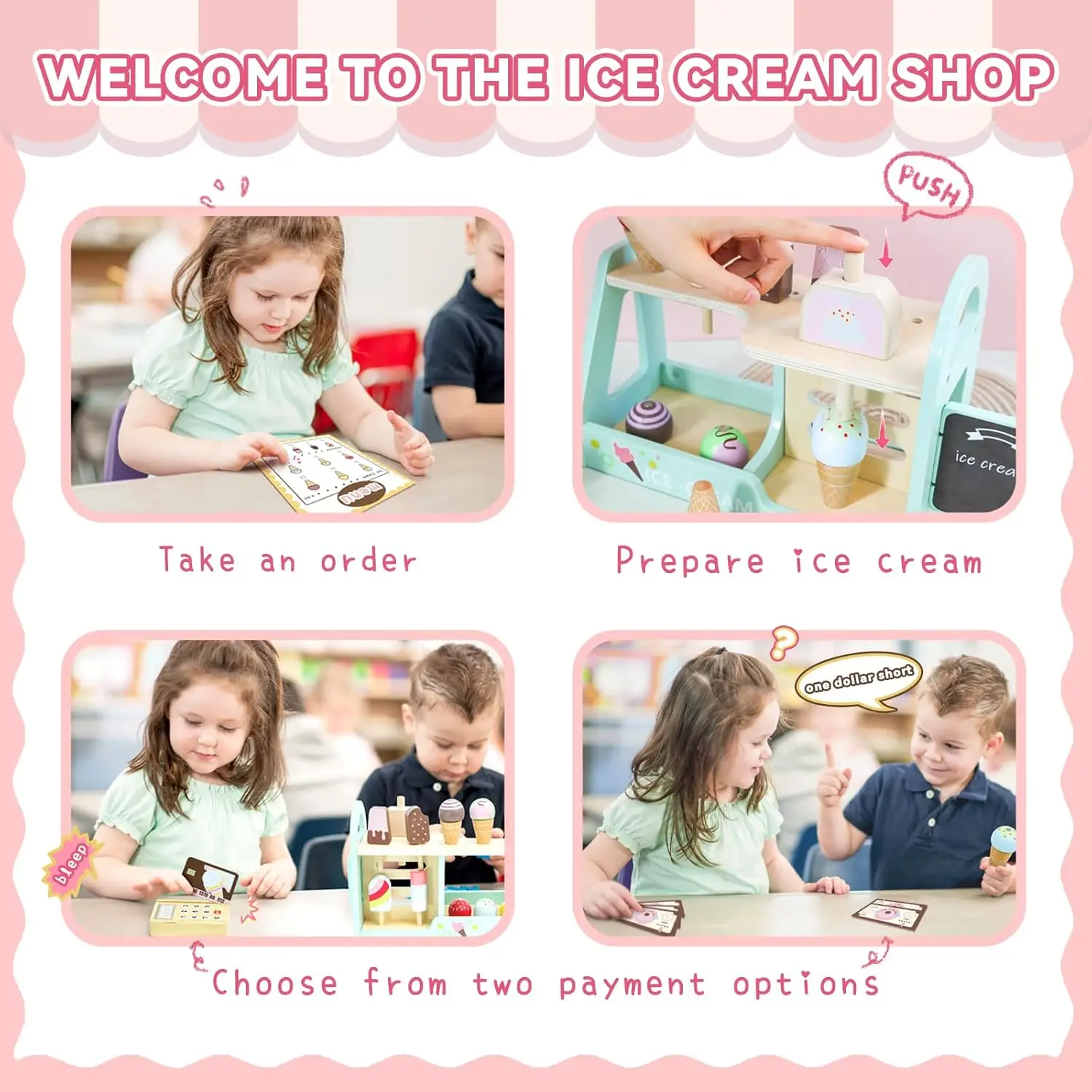 Ensemble de jeu de compteur de crème glacée en bois pour tout-petits, jouet de cuisine Montessori, accessoires de jeu de simulation, jeux pour enfants