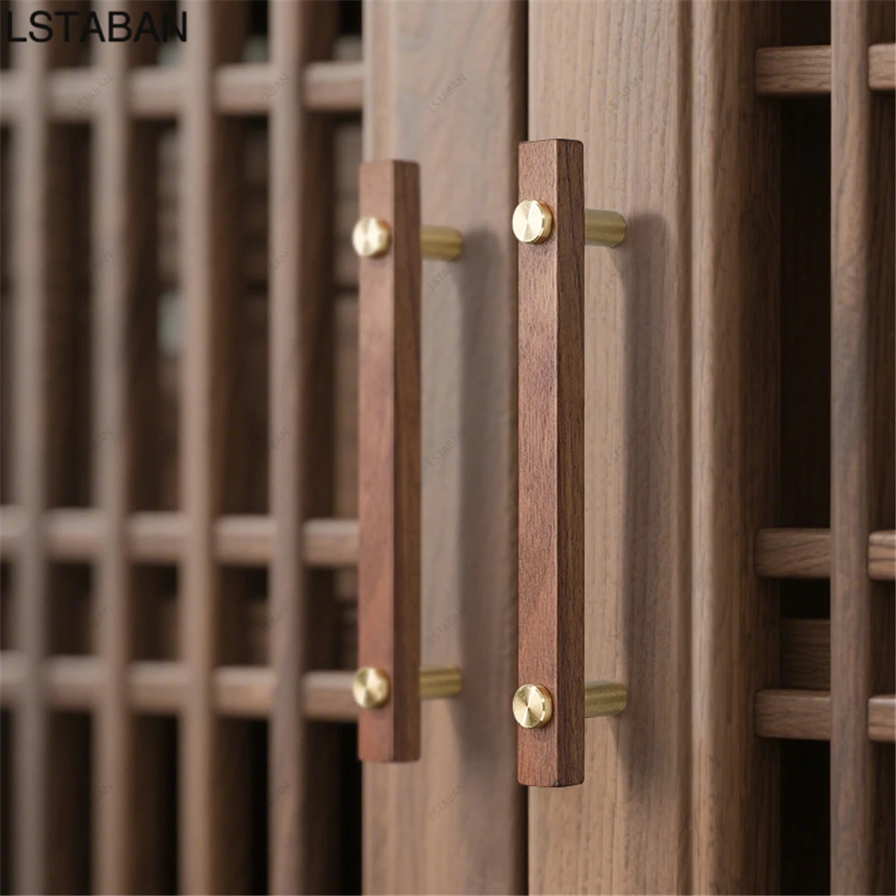Walnut Brass Cabinet Handle Solid Wood Kitchen Cabinet Knob Retro Pure Copper Furniture Hardware Drawer Pull Wardrobe Door Knobs