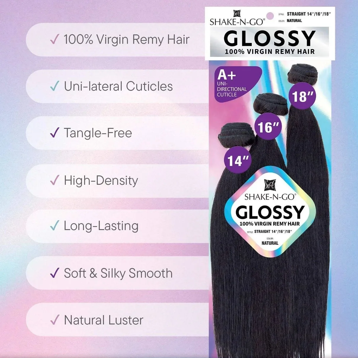 Shake-N-Go Glossy Virgin Remy Hair Weave, reto, brilho natural, volume completo, textura macia, fácil de estilizar, 3 pacotes