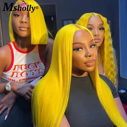 Bright Lemon Yellow Straight Wig 100% Human Hair Short Bob 13x4 Lace Front Wigs 180 Density Natural Hairline Remy Human Hair Wig