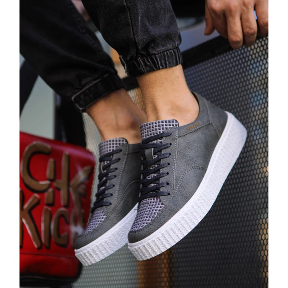 

FOH Store Sneakers for Men GRAYArtificial Leather 2023 Spring Autumn Casual Lace Up Fashion Shoes High Base Sport Comfortable Light Vulcanized Daily Original Canvas Odorless Orthopedic Suits Office Wedding 017