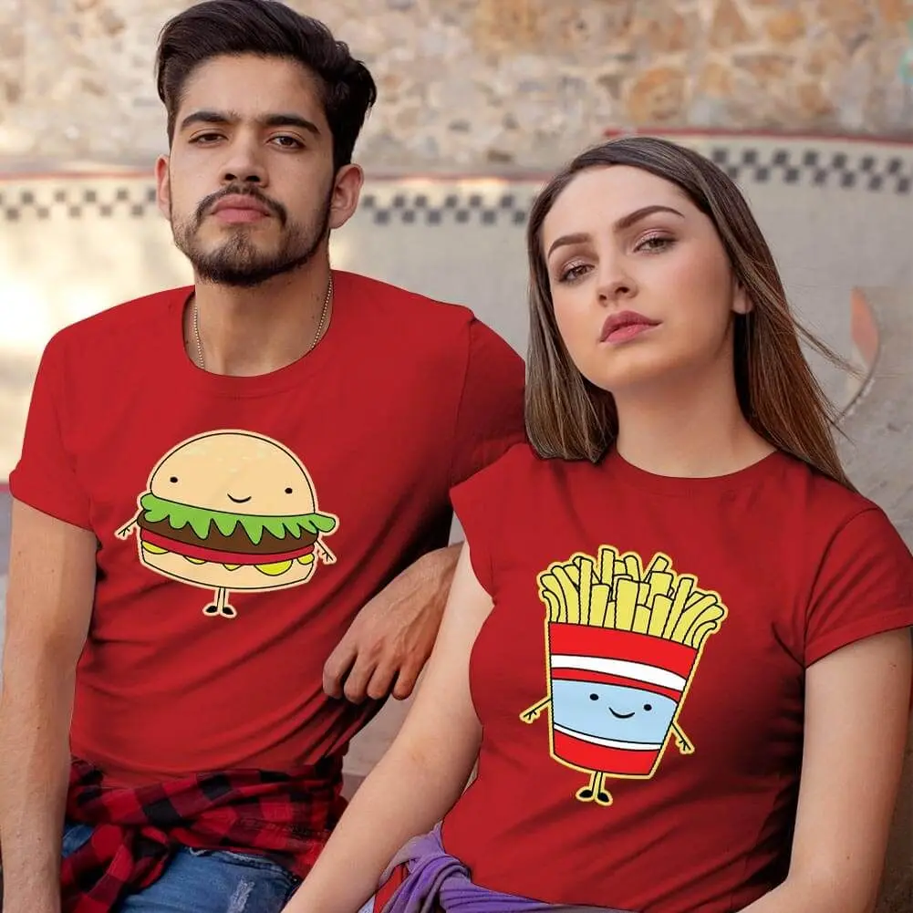 

Unisex Burger and Fries Couple T-Shirts - Fun Matching Tee Set- Valentine's Day Gift- T-shirts for Couples