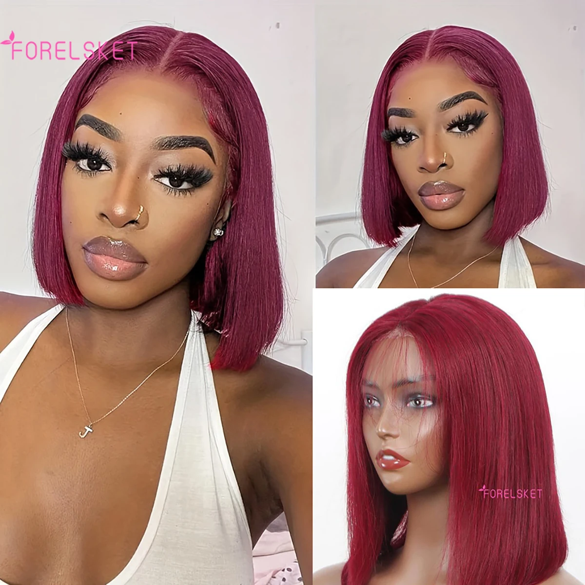 

Burgundy Glueless Wig Human Hair Ready to Wear Short Straight Bob Wigs 6x4 HD Lace Closure Wig Pre Plucked 99j Lace Bob Wigs