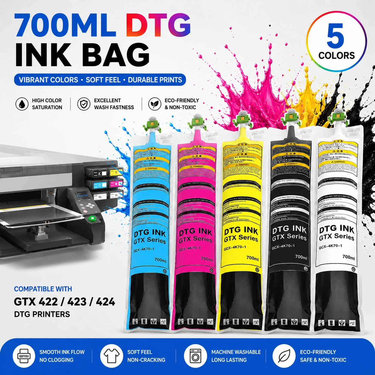 700ML/Bag GTX Ink Bag With One Time Chip DTG Ink Bag For Brother GTX-422 GTX-423 GTX-425 GTX-600 GTXPRO GTX Ink Bag Printer