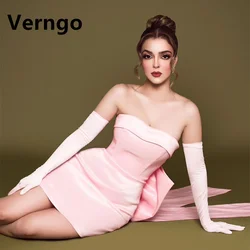 Verngo Pink Satin Mini Vestido De Noite 2024 Strapless Bow Back Prom Gown Com Luvas Mulheres Simples Vestido De Festa De Aniversário Personalizado