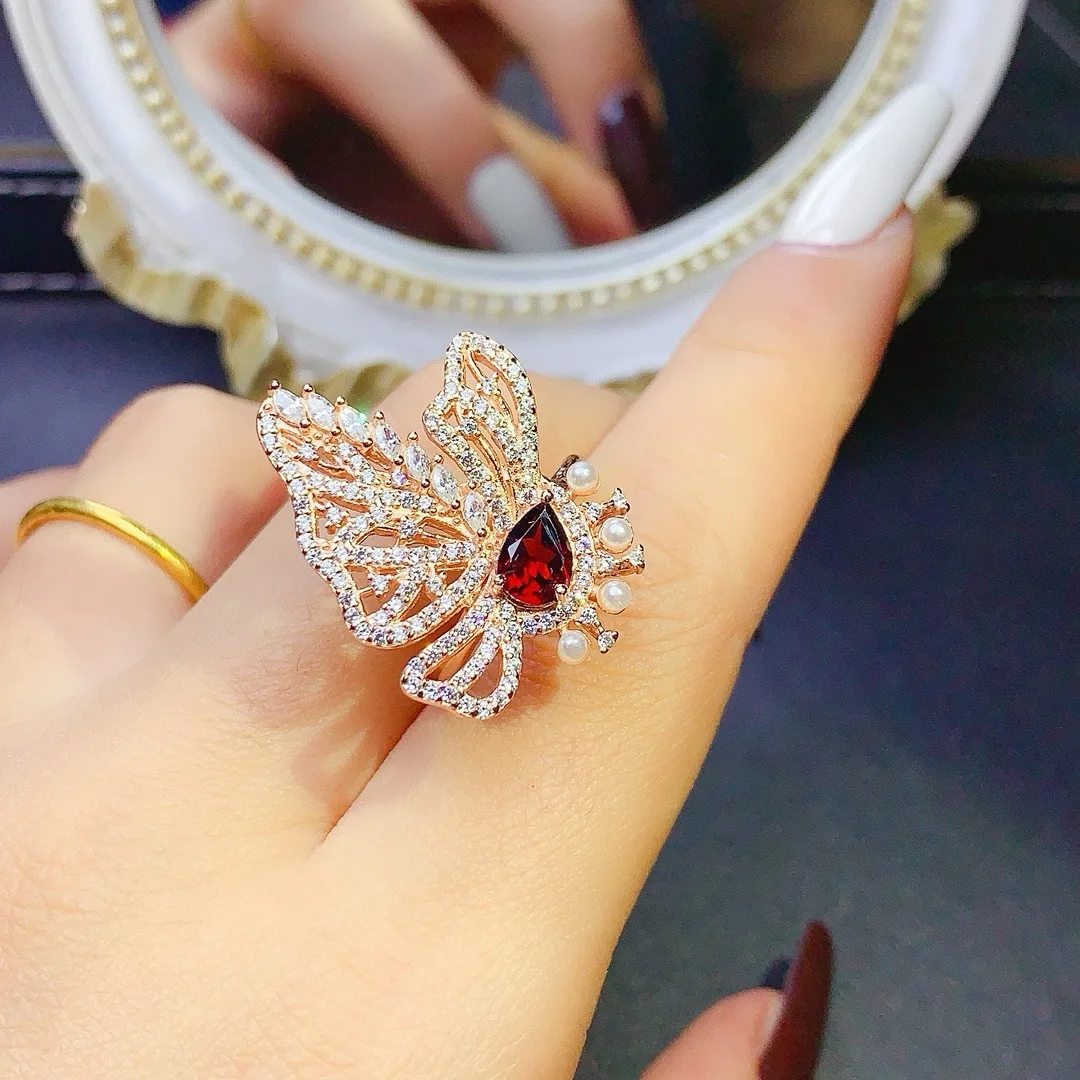 KJJEAXCMY Girl 5x7mm Red Garnet Ring 925 Pure Silver Plated 18K Gold Butterfly Style Gift for Girlfriend's Wedding Birthday Part