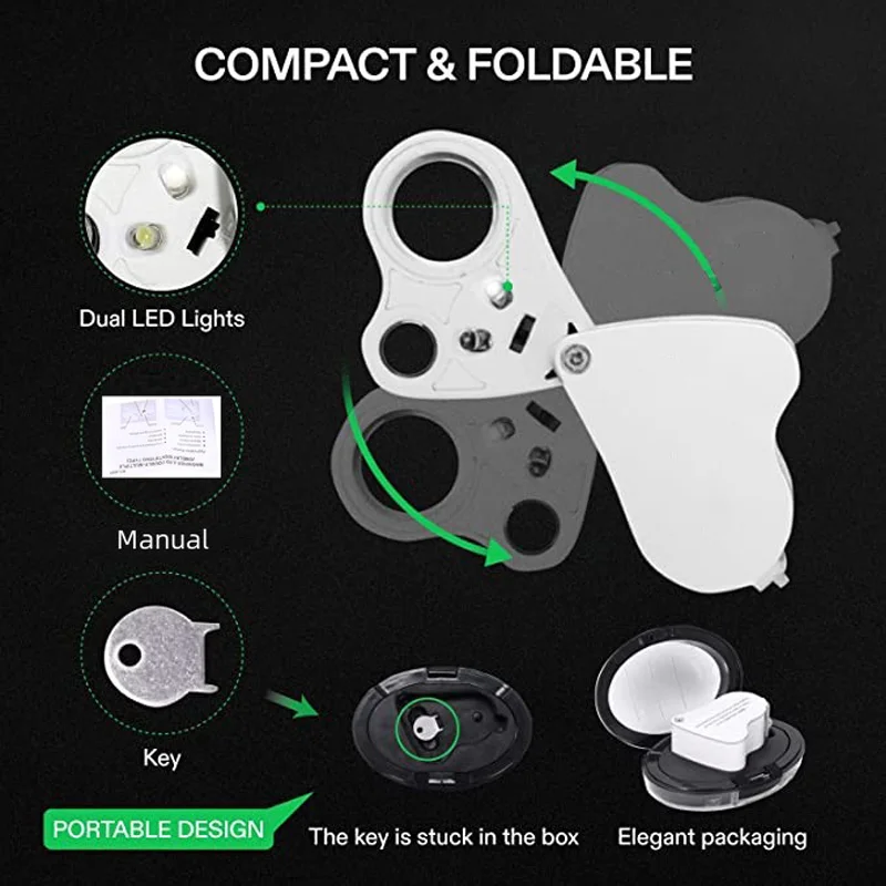 Imagem -05 - Joalheiros Iluminados Lupa Lupa de Jóias Dobrável com Luz Led Brilhante Gems Jóias Moedas e Selos 30x 60x
