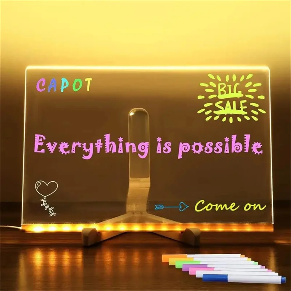 Erasable Neon Sign Clear Writing Board, Glow Memo Board, 7 Canetas Coloridas, Light Up, Dry Apagar, Escritório, Escola, Home Gift