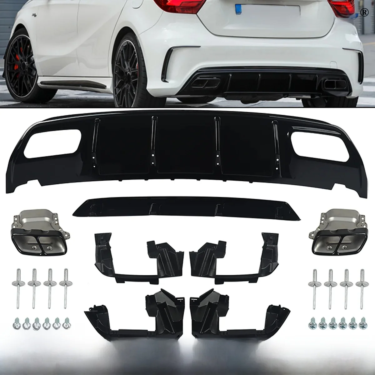 Gratis Verzending voor Mercedes A Klasse 12-18 W176 A45 AMG Stijl Achterbumper Diffuser & Uitlaat Tips A45 Achterspoiler - afbeelding 2