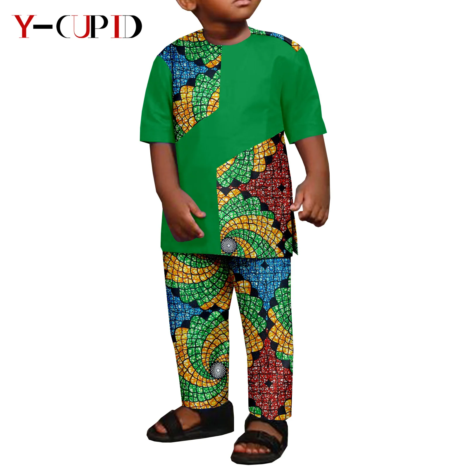 African Clothes for Boys Kid Outfits Dashiki Summer Cotton Ankara Print Top and Pant Sets Bazin Riche Children Outwear Y224017