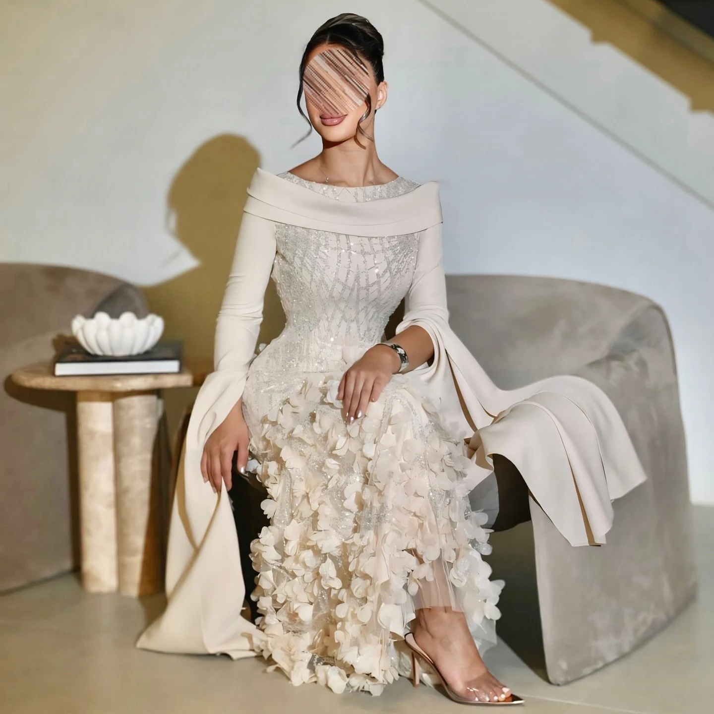 Sharon Said Luxuriöses Dubai Romantisches Blush Pink 3D-Blumen-Arabisches Abendkleid mit Cape-Ärmeln für Hochzeitsfeier SS272 Maßanfertigung – Detail 7