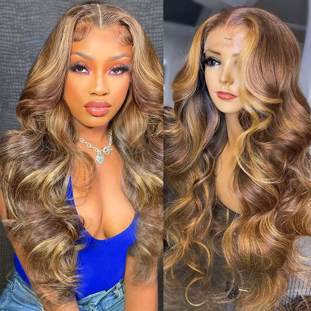 4/27 Highlight Body Wave Wig Human Hair Brazilian 30 32 Inch Colored Ombre Blonde 13x6 HD Transparent Lace Frontal Wig For Women