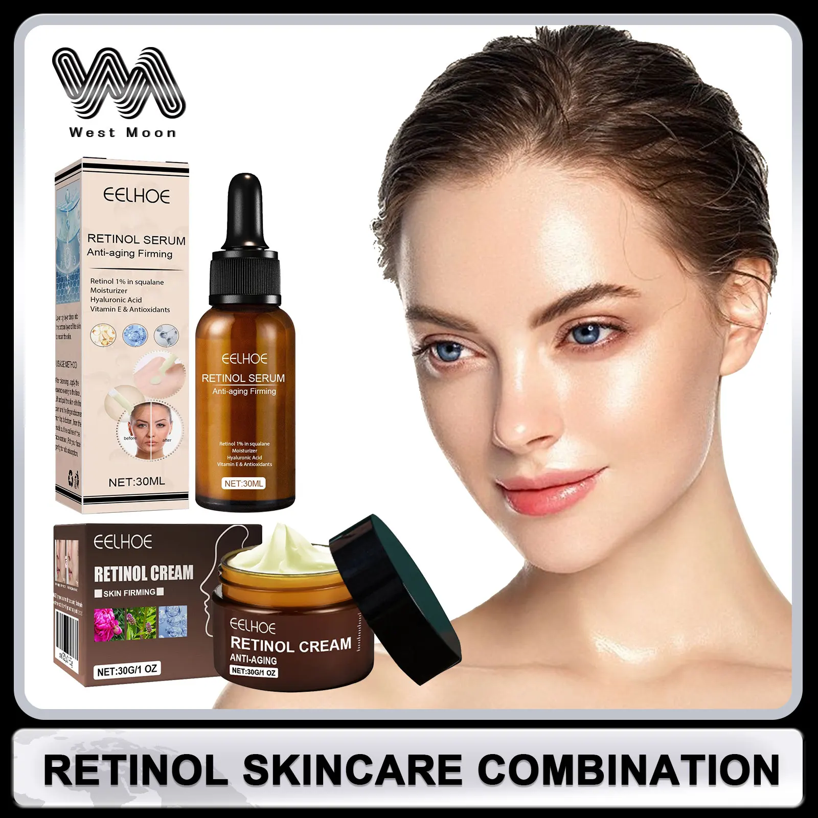 

Retinol Facial Serum + Face Cream Pore Refining Resurface Lift Moisturize Korean Organic Skincare with Hyaluronic Acid Vitamin E