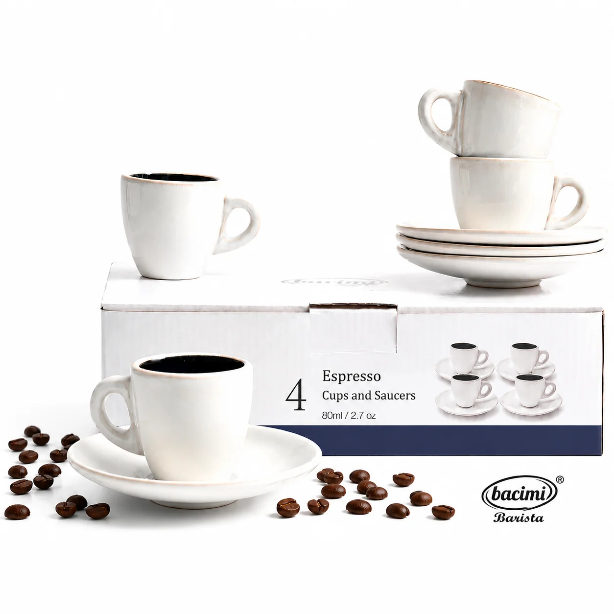 Bacimi® Espresso Cups and Saucers Set of 4 – 2.7oz Thick Barista Style Stoneware Cups - Blue Glaze Classic Italian Design - Ceramic Cups For Espresso, Macchiato, Doppio – Dishwasher & Microwave Safe