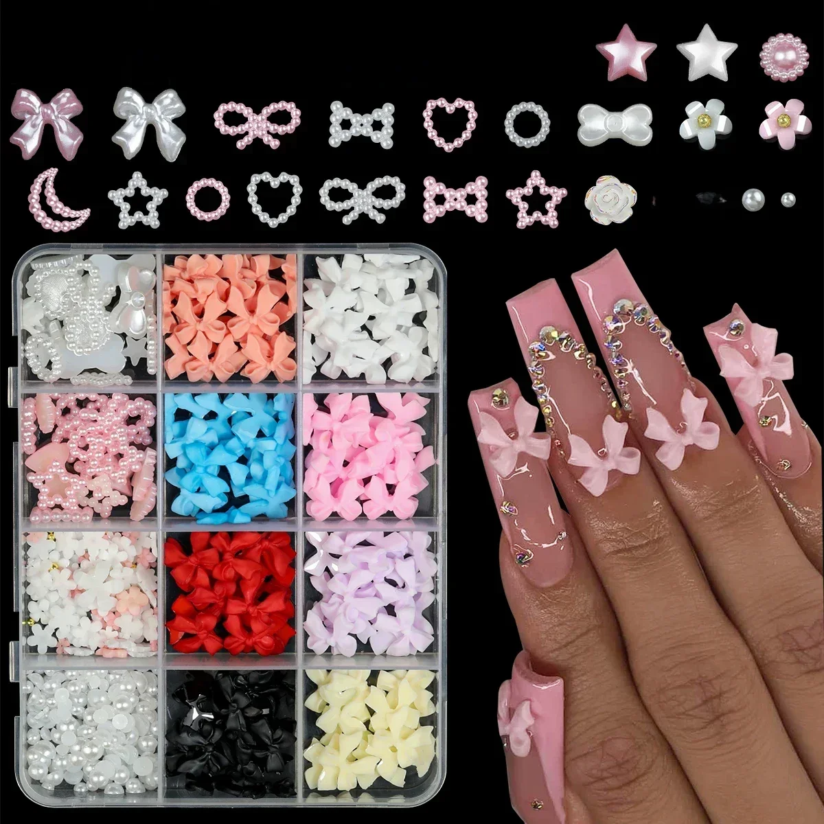 6/7/12 siatki 3D Nail Charms and Pearls Bows Charm Pink&White Star Heart Moon Cute Nail Jewels for Nail Art DIY Decorations — zdjęcie 2