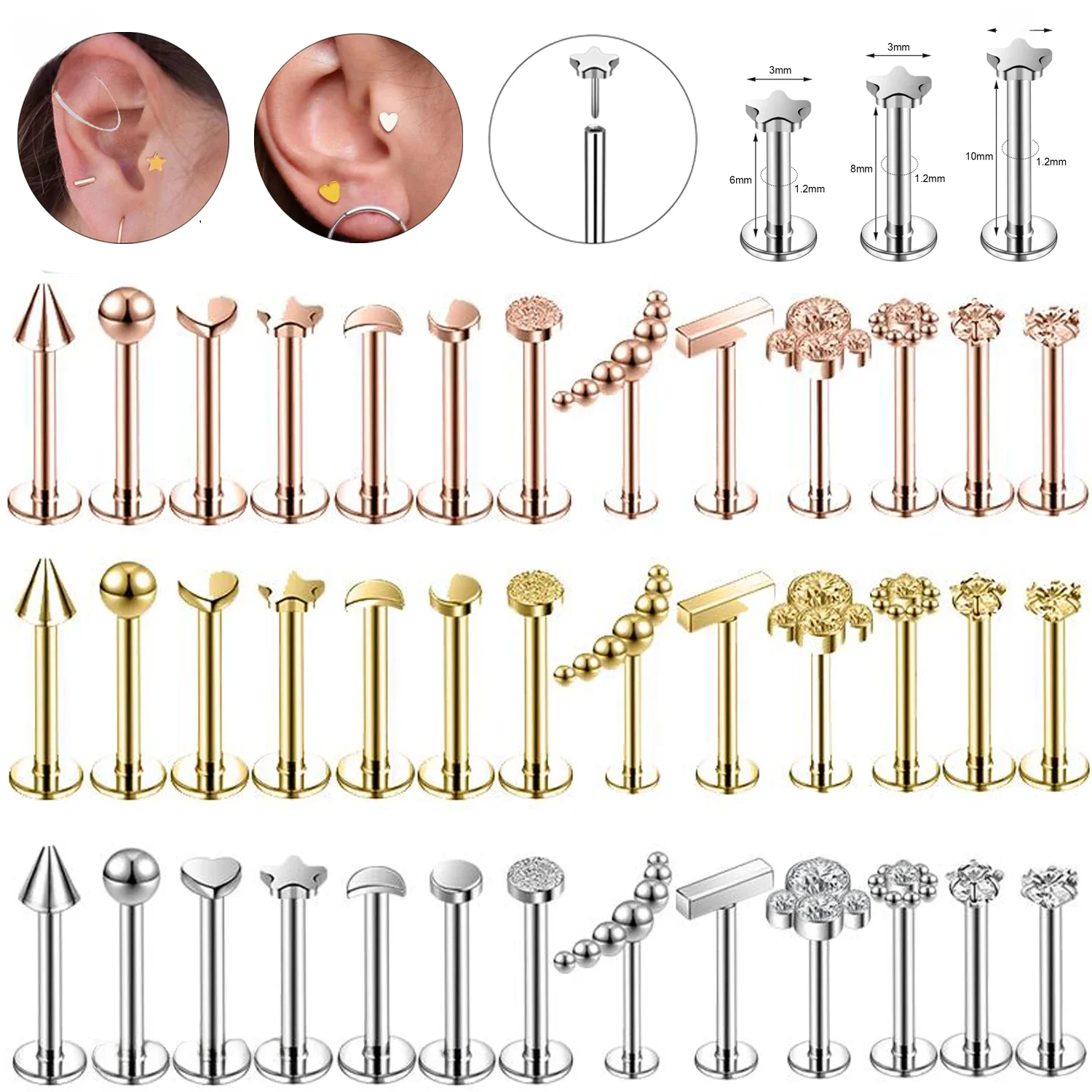 ZS 4 Teile/los 16G Perlen Blume Lip Piercings Intern gewinde Edelstahl Labret Ohrring Helix Tragus